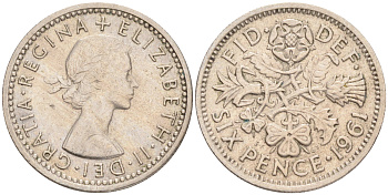 Великобритания 6 пенсов 1961 Елизавета II (1952-2022) KM 903, Spink 4149 медно-никель 192-236