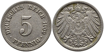 ГЕРМАНИЯ 5 ПФЕННИГОВ 1909 A KM 11, Jager 12, Weege 6 медно-никель 4547-469