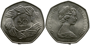 Великобритания 50 пенсов 1973 Елизавета II (1952-2022), вступление в Европейское экономическое сообщество KM 918, Spink 4224 медно-никель 3334-131