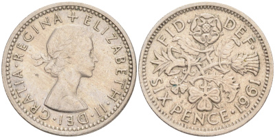 Великобритания 6 пенсов 1961 Елизавета II (1952-2022) KM 903, Spink 4149 медно-никель 192-236