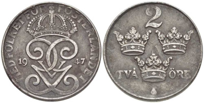 Швеция 2 эре 1947 Густав V (1907-1950) KM 811 железо 119-1033