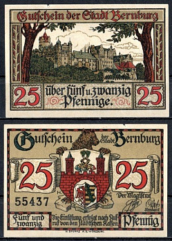 Бернбург (Анхальт) 25 пфеннигов 1921 Mehl Grabowski 95.2a-1/2 бумага UNC (пресс) 7556-47-4-1