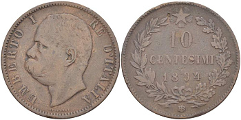 Италия 10 чентезимо 1894 B/I, Умберто I (1878-1900) KM 27.1 медь 4526-1026