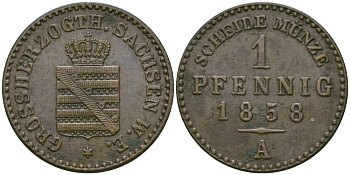 Саксен-Веймар-Эйзенах 1 пфенниг 1858 А, Карл Александр (1853-1901) KM 89, Jaeger 533, AKS 37 медь    99-564