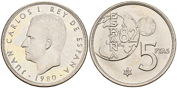 Испания 5 песет 1981 (80), Хуан Карлос , чемпионат мира по футболу, Испания 1982 KM 817 медно-никель UNC 4143-243