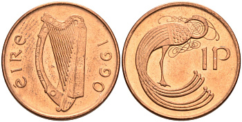 Ирландия 1 пенни 1990 птичка KM 20а сталь плакированная медью UNC 92-157