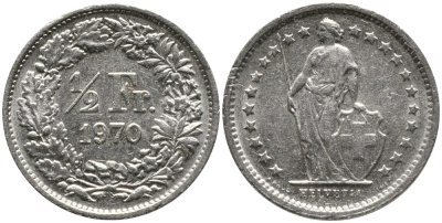 Швейцария 1/2 франка 1970 KM 23а.1 медно-никель 4532-429