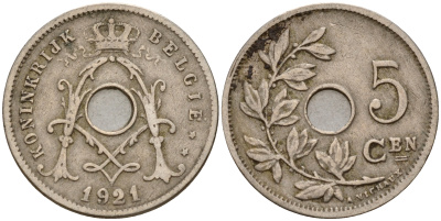 Бельгия 5 сантимов 1921 Belgen KM 67 медно-никель    4598-912