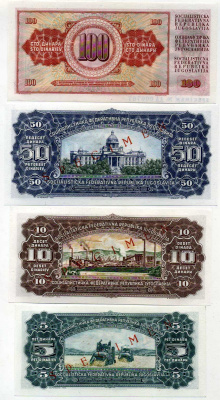 Югославия набор из 4 банкнот 1965 5, 10, 50 и 100 динаров, Specimen, Образец, красная диагональная надпечатка Pick 77s, 78s, 79s, 80s бумага UNC (пресс) 000-00-00