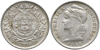 ПОРТУГАЛИЯ 10 СЕНТАВО 1915 РЕСПУБЛИКА, ПРОБА 835, ВЕС 2,46 ГР. КМ 563 серебро 201-1039