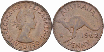 АВСТРАЛИЯ 1 ПЕННИ 1962 p, ЕЛИЗАВЕТА II (1953-), КЕНГУРУ KM 56 бронза 109-524