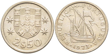 ПОРТУГАЛИЯ 2,5 ЭСКУДО 1973 ПАРУСНИК KM 590 медно-никель UNC 4513-1143