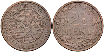 Нидерланды 2 1/2 цента 1913 Вильгельмина (1890-1948) KM 150 бронза 4116-316