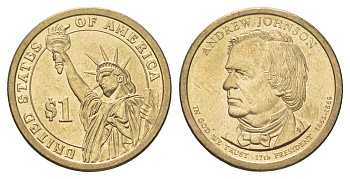 США 1 доллар 2011 P, Президент США - Эндрю Джонсон (1865-1869) KM 499 медь с марганцево-латунным покрытием UNC 4629-257