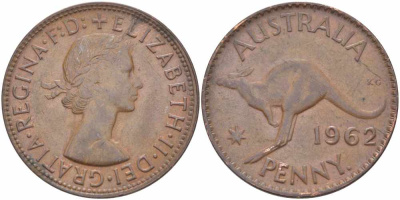 АВСТРАЛИЯ 1 ПЕННИ 1962 p, ЕЛИЗАВЕТА II (1953-), КЕНГУРУ KM 56 бронза 109-524