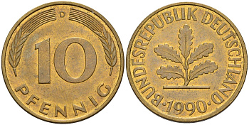 ФРГ 10 пфеннигов 1990 D KM 108, J. 383 сталь плакированная латунью 4163-1125