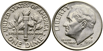 США 10 ЦЕНТОВ = 1 ДАЙМ 1998 P, РУЗВЕЛЬТ KM 195а медь плакированная медно-никелем 46-1042