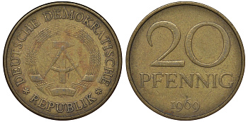 ГДР 20 пфеннигов 1969 А, первый год KM 11 латунь 62-1022