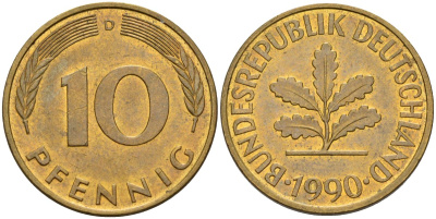ФРГ 10 пфеннигов 1990 D KM 108, J. 383 сталь плакированная латунью 4163-1125