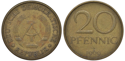 ГДР 20 пфеннигов 1969 А, первый год KM 11 латунь 62-1022