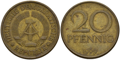 ГДР 20 пфеннигов 1969 A, первый год KM 11 латунь 95-723