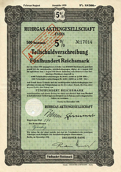 Германия 500 рейхсмарок 1939 Акционерное общество Рургас Эссен, 5% -ное частичное долговое обязательство с маркой конвертации под 4% -ную процентную ставку, облигация   бумага  8801-60-1