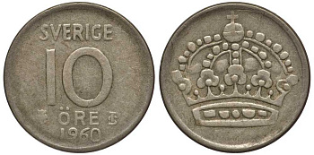Швеция 10 эре 1960 T;S, Густав VI Адольф (1950-1973) KM 823 серебро 112-914