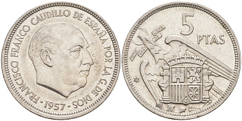 ИСПАНИЯ 5 ПЕСЕТ 1957 (73) ФРАНСИСКО ФРАНКО ДИКТАТОР ИСПАНИИ (1939-1975) KM 786 медно-никель 176-1013