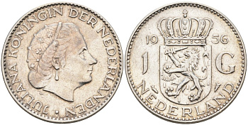 Нидерланды 1 гульден 1956 Юлиана (1948-1980) KM 184 серебро 190-1017