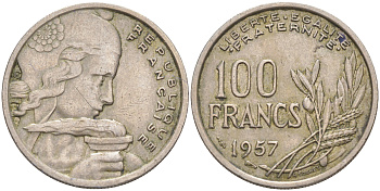 Франция 100 франков 1957 KM 919, Le Frank 450.10 медно-никель 4610-744