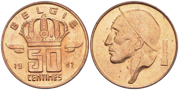 БЕЛЬГИЯ 50 САНТИМОВ 1981 BELGIE, БОДУЭН I (1951-1993) KM 149.1 бронза UNC 214-644