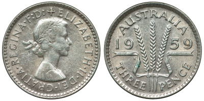 Австралия 3 пенса 1959 m, Елизавета II (1952-2022) KM 57 серебро 71-623