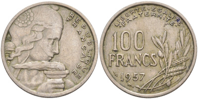 Франция 100 франков 1957 KM 919, Le Frank 450.10 медно-никель 4610-744