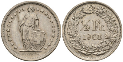 Швейцария 1/2 франка 1968 B KM 23a медно-никель 4189-437