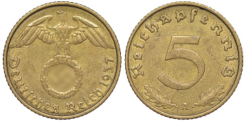 Германия 5 рейхспфеннигов 1937 A KM 91, J. 363 алюминиевая бронза 4602-1251