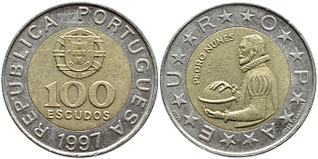 Португалия 100 эскудо 1997 Педру Нуниш (1502-1578), математик KM 645.1 биметалл 4395-954