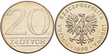 Польша 20 злотых 1990 MW KM 153.2, Parchimowicz 255b медно-никель aUNC M56-13