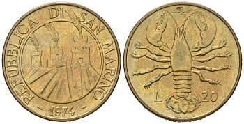Сан-Марино 20 лир 1974 рак KM 34 алюминиевая бронза UNC 4571-826
