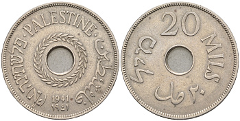 Израиль, Палестина 20 милсов 1941 Британская Администрация (1927-1948), самый редкий год KM 5 медно-никель 00-822-61