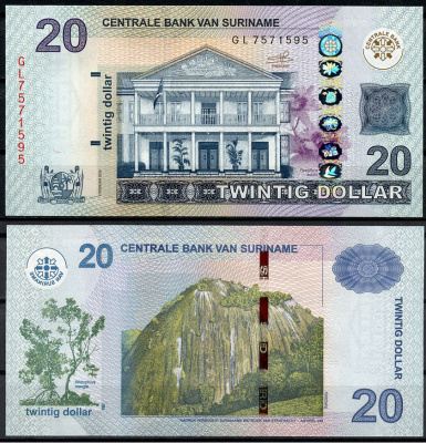 Суринам 20 долларов 2019 здание Центрального банка, река Суринам Pick 164 c  бумага  UNC (пресс) 449-79-2