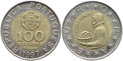 Португалия 100 эскудо 1997 Педру Нуниш (1502-1578), математик KM 645.1 биметалл 4395-954