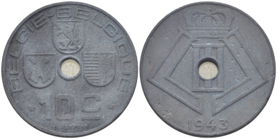 БЕЛЬГИЯ 10 САНТИМОВ 1943 BELGIE-BELGIQUE KM 126 цинк 4448-114