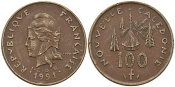 Французская Новая Каледония 100 франков 1991 хижина среди сосен и пальм, (IEOM) KM 15, Schoen 16, Lec 136 никель латунь 4137-1133