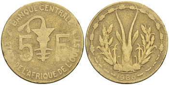 ВАЛЮТНЫЙ СОЮЗ СТРАН ЗАПАДНОЙ АФРИКИ 5 ФРАНКОВ 1986 KM 2а алюминиевая бронза 4551-845