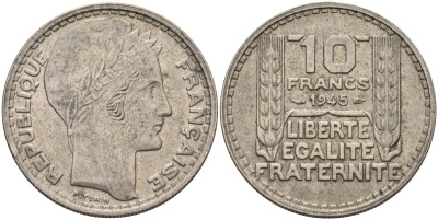 Франция 10 франков 1945 RL, тип Пьер Турин KM 908.1, Le Franc 361.2 медно-никель 4590-734