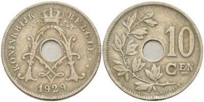 БЕЛЬГИЯ 10 САНТИМОВ 1929 BELGIE KM 86 медно-никель 3718-541