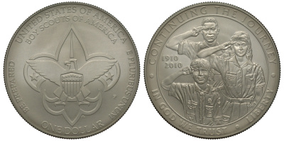 США 1 доллар 2010 P, 100 лет бойскаутам KM 480 серебро UNC 02-262-25