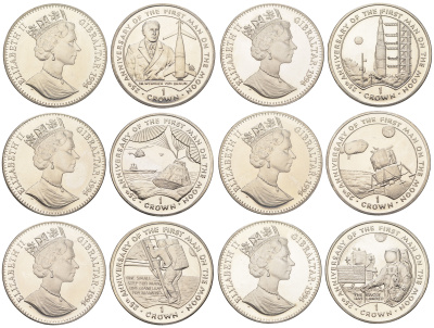 Гибралтар полный набор из 6 монет (1 крона) 1994 25 лет первому человеку на Луне KM 271, 272, 273, 274, 275 и 276 медно-никель BU 1524-1825-1835