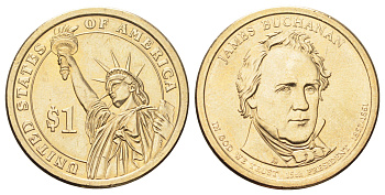 США 1 доллар 2010 Президент США - Джеймс Бьюкенен (1857-1861) KM 477 медь с марганцево-латунным покрытием UNC 4699-917