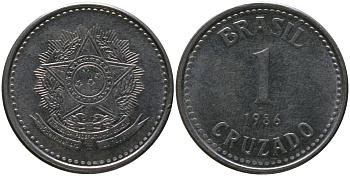 Бразилия 1 крузадо 1986 KM 605, Schon 114 нержавеющая сталь 4577-1153